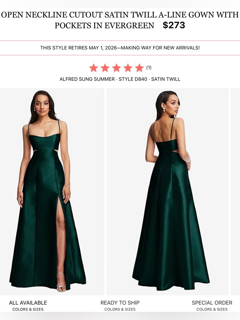 Alfred Sung Evergreen Satin A-Line Gown With Cutout And Slit